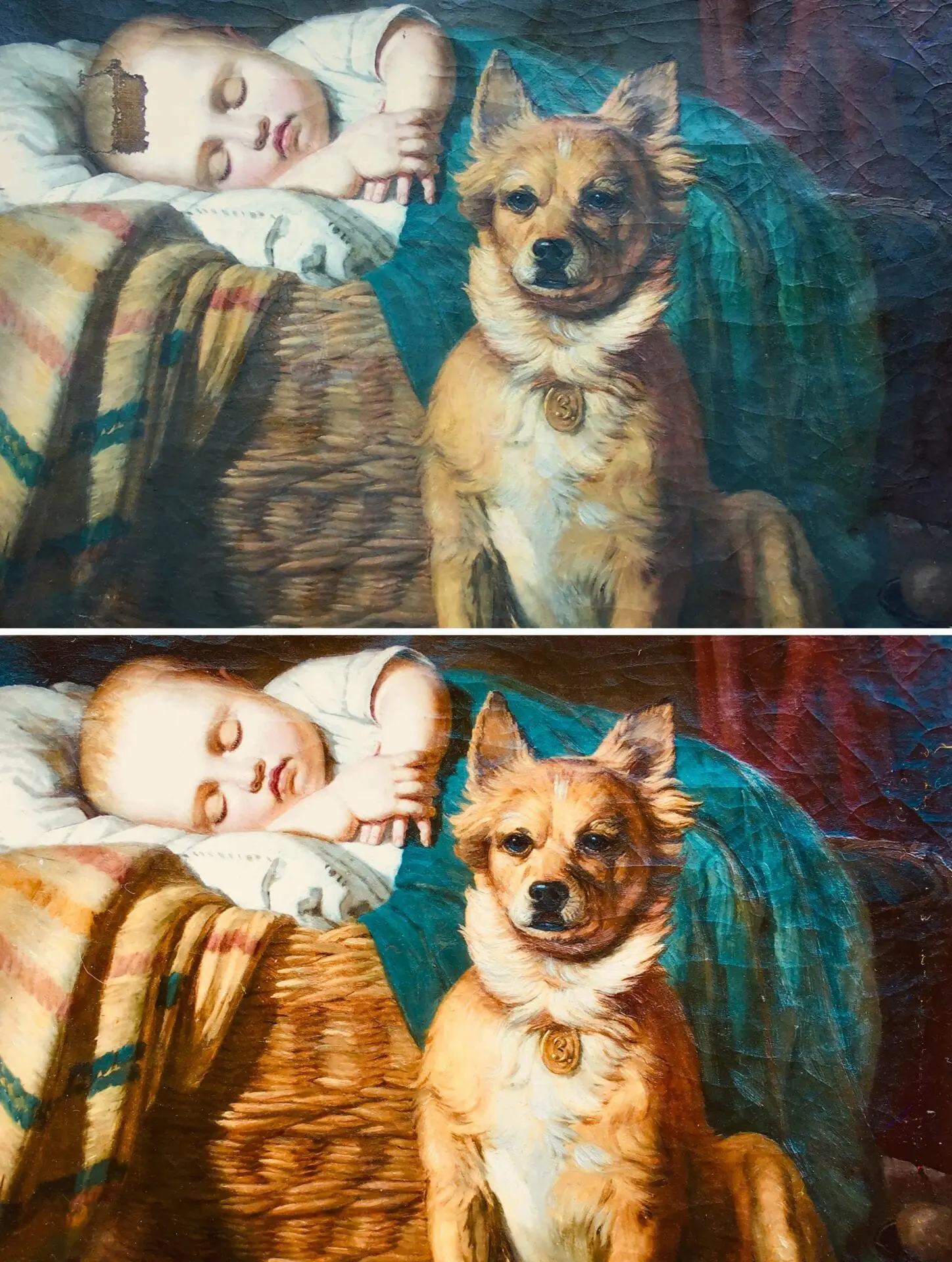 A painting of a baby and a dog