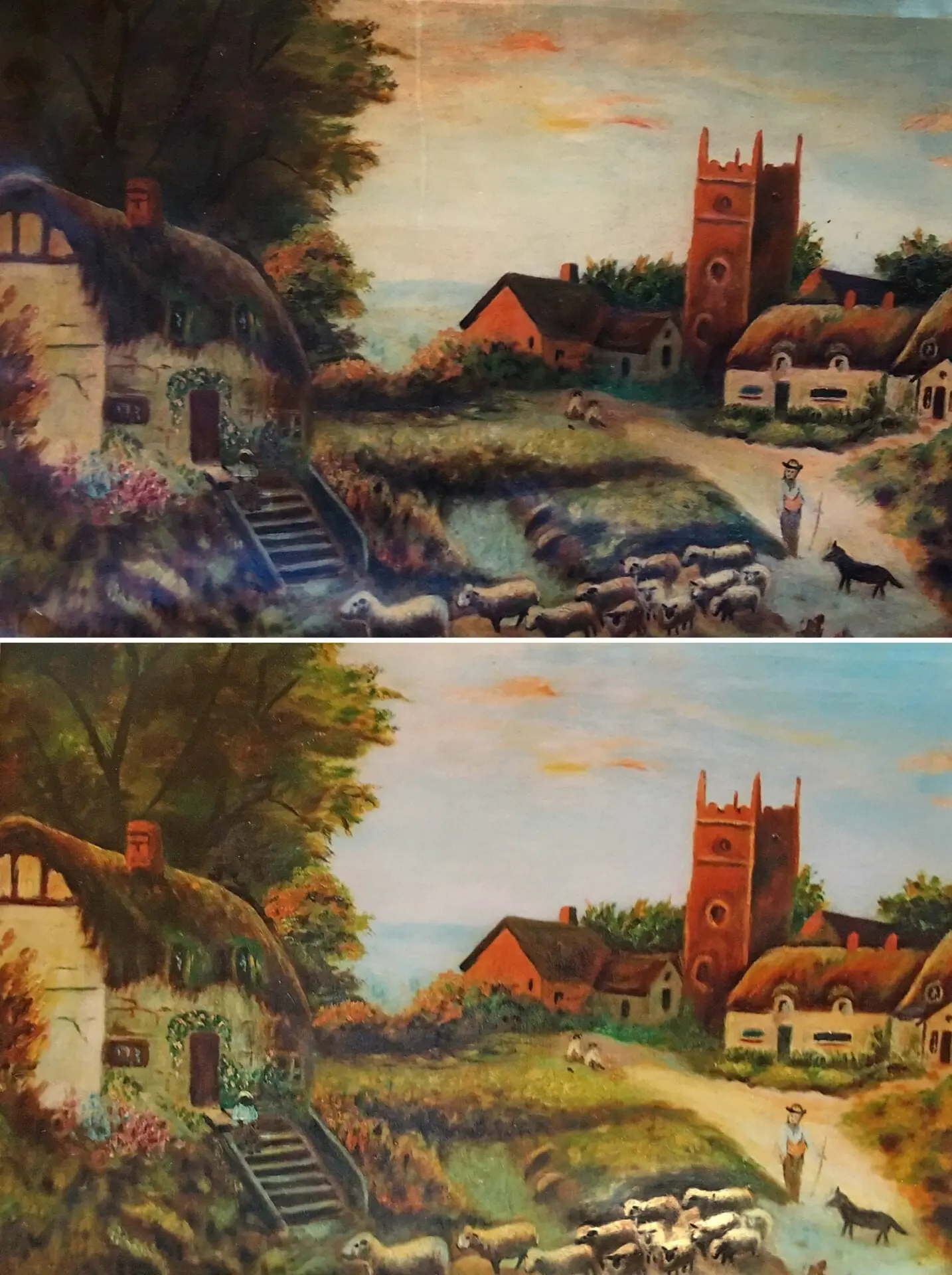 A painting of two different scenes with one being the same scene.