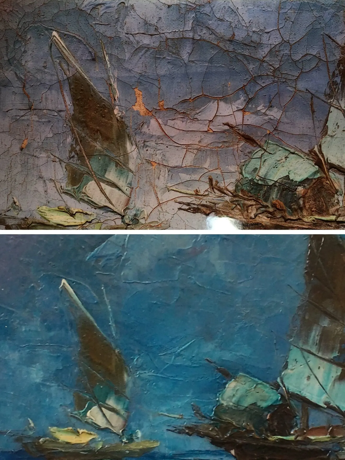 A painting of leaves and water in the background.