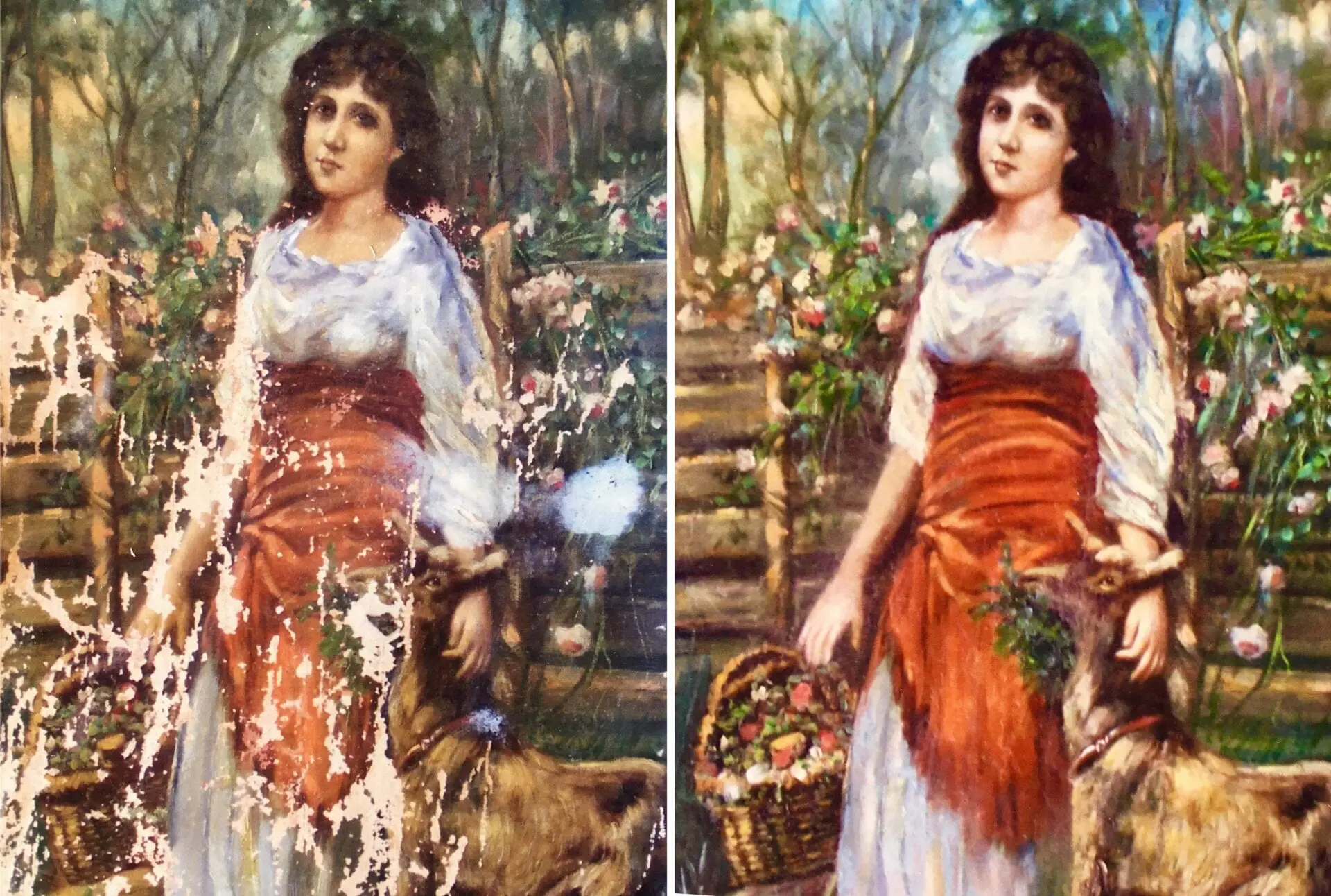 A painting of a woman in a dress and holding a basket.
