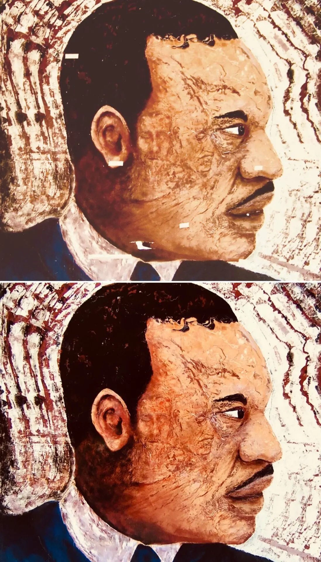 A painting of martin luther king jr. With and without hair