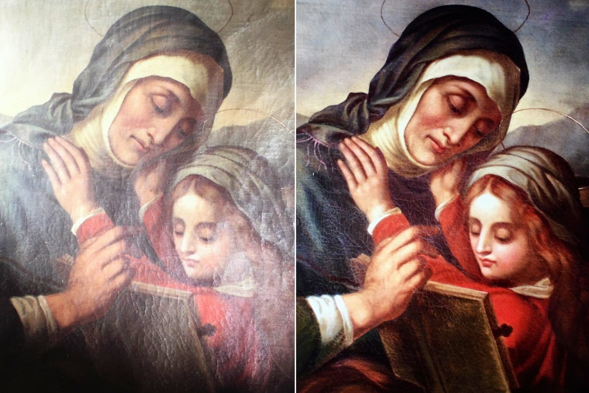 A painting of mary and jesus with two different colors.