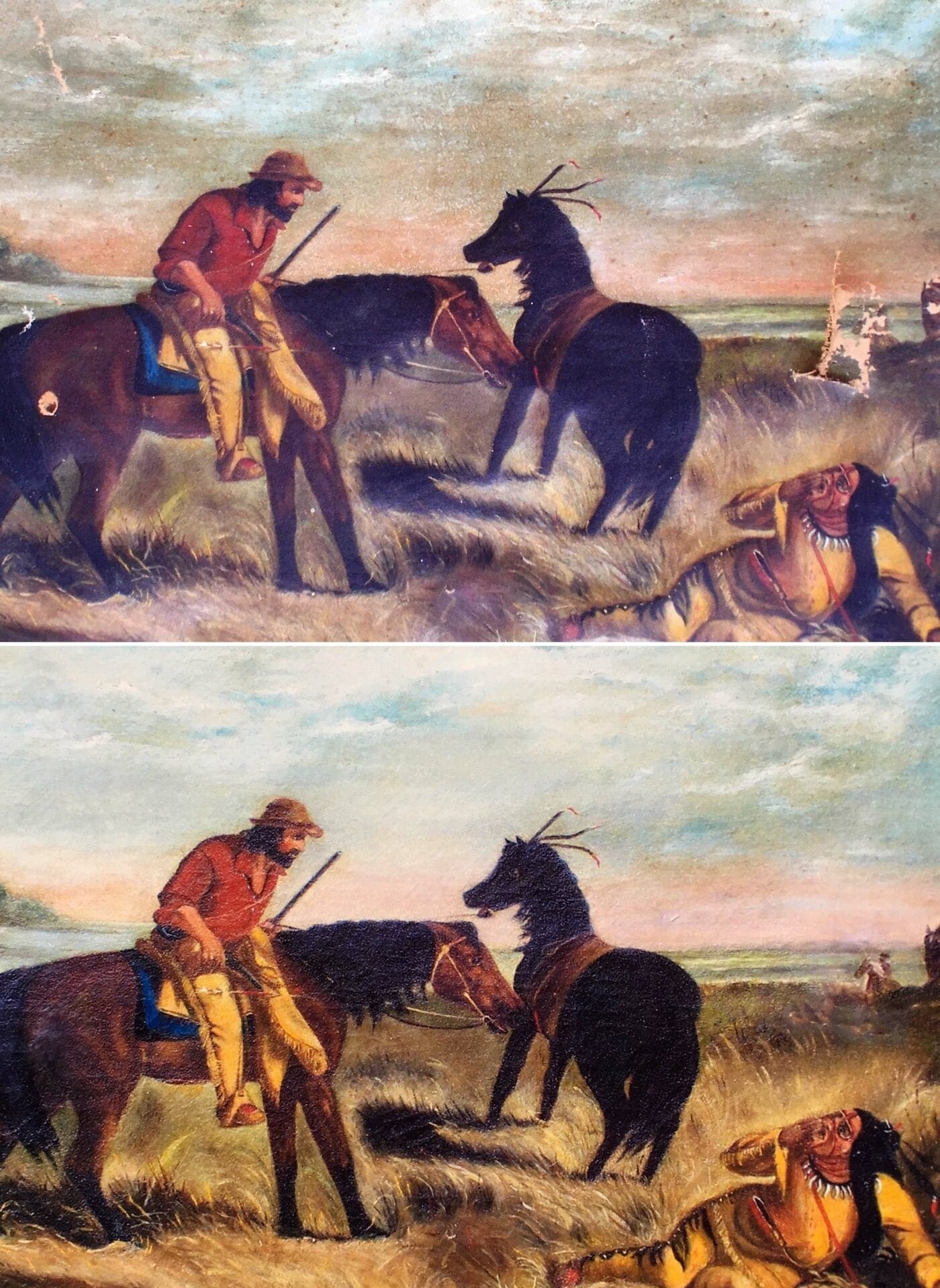 A painting of two men on horseback in the desert.