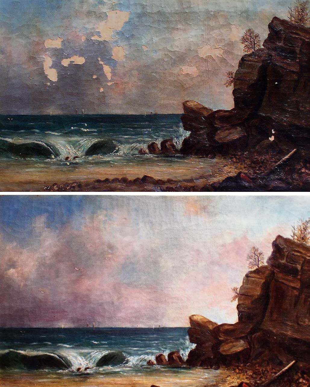 A painting of two different views of the same scene.