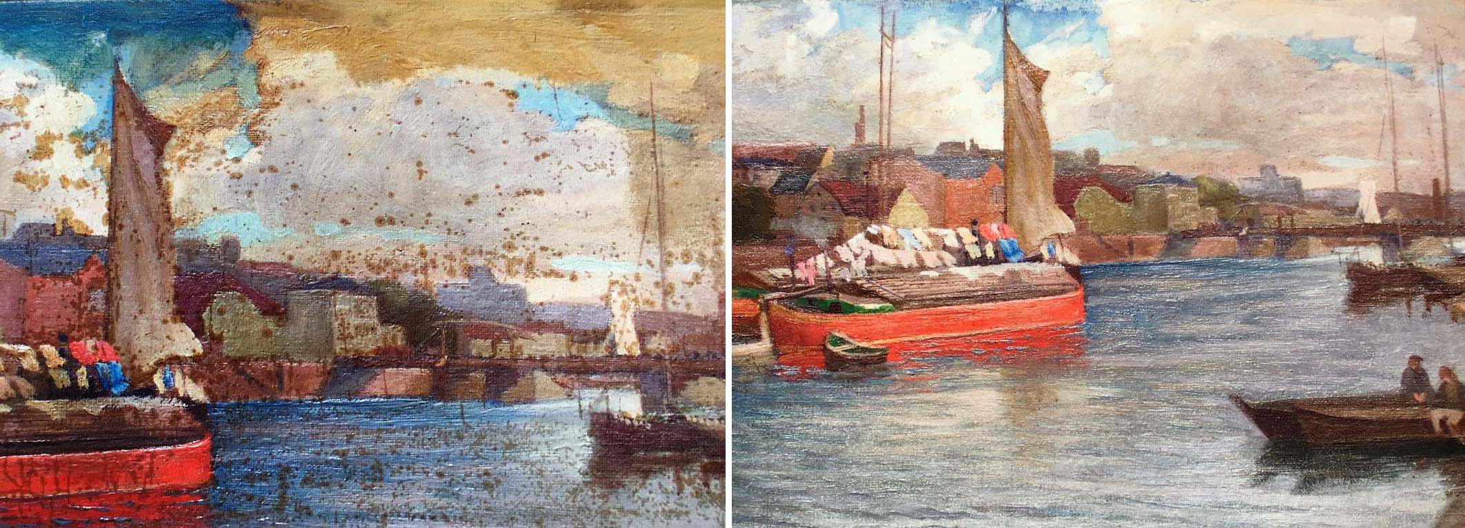 Two paintings of boats in a harbor.