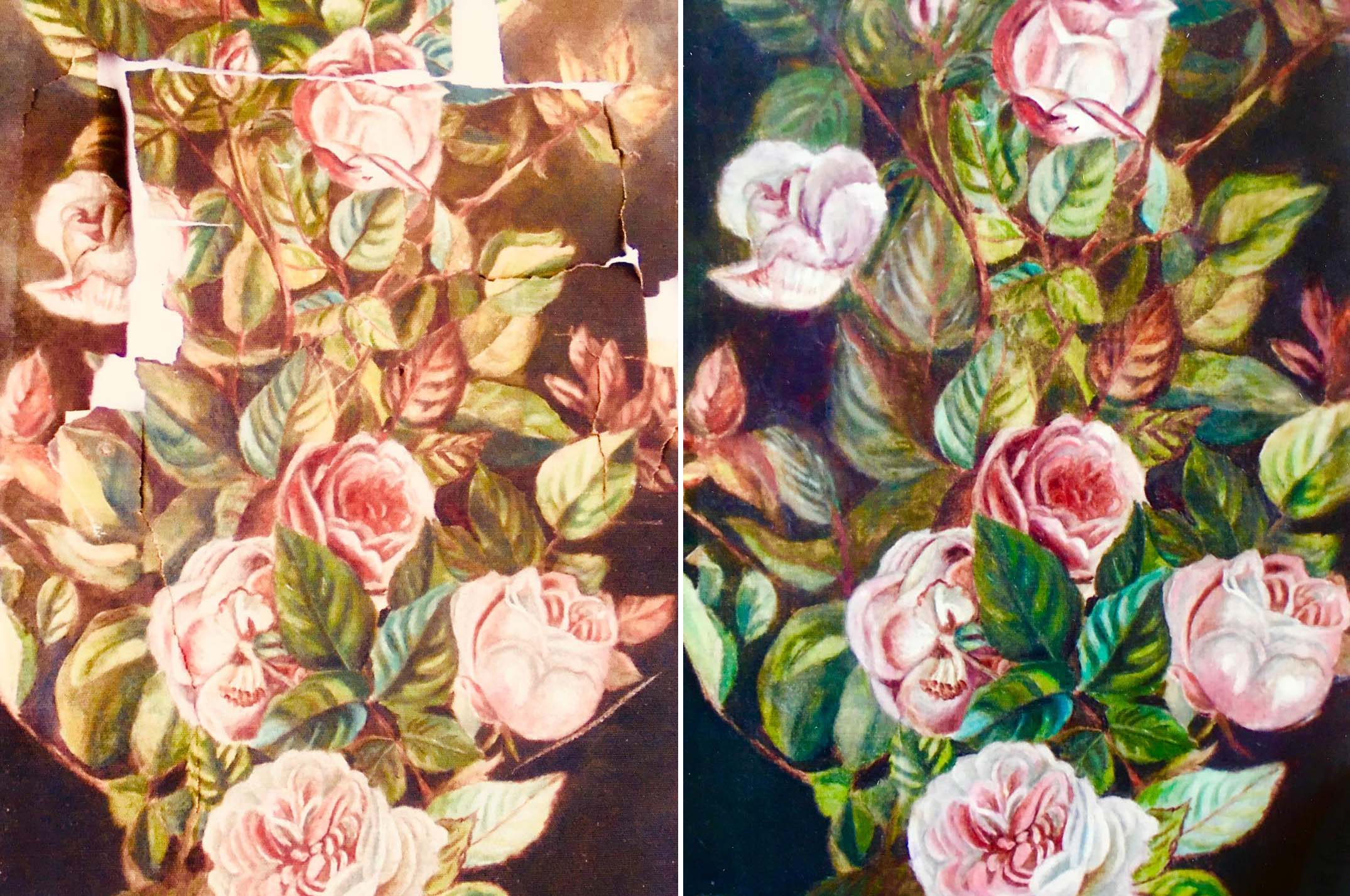 A painting of roses and leaves on the side of a wall.