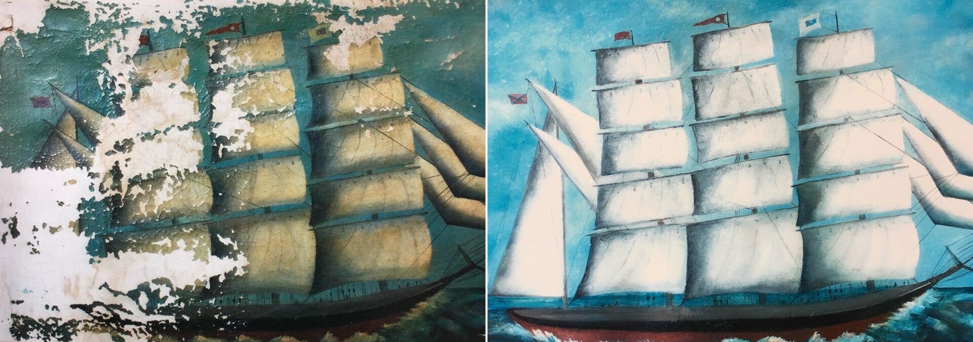 A painting of two ships in the ocean.