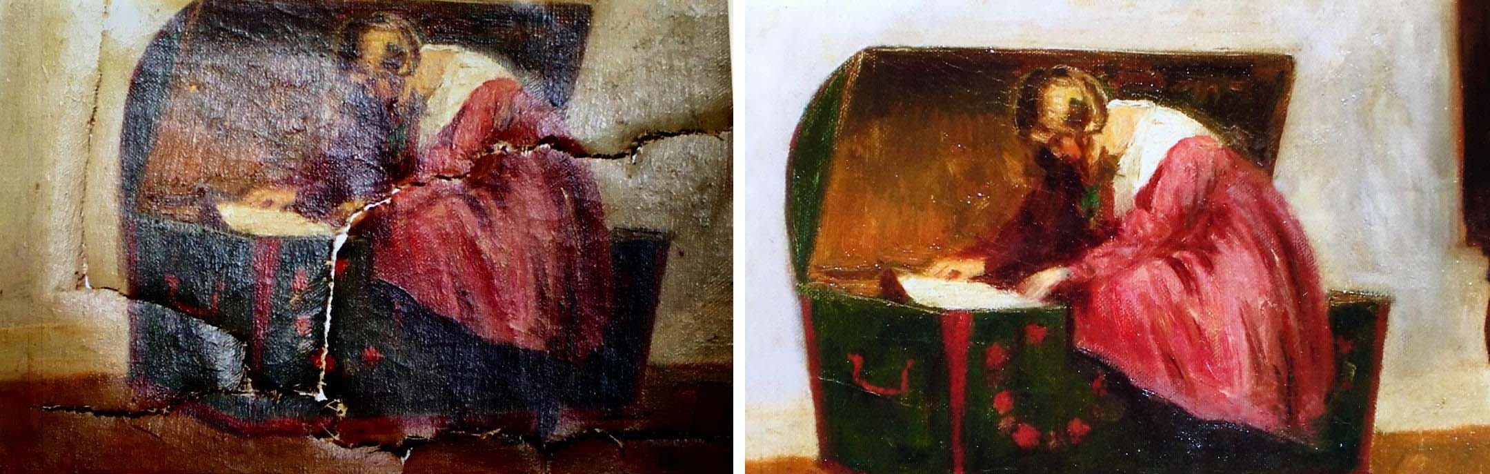 A painting of a person in a red dress and an old green chest.
