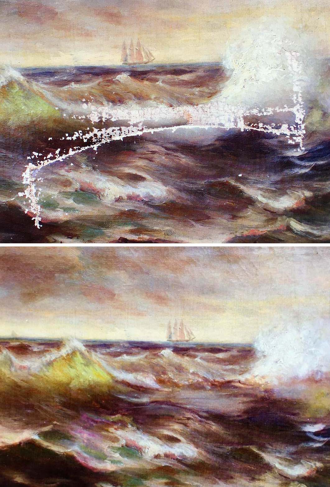 Two paintings of a bridge in the ocean