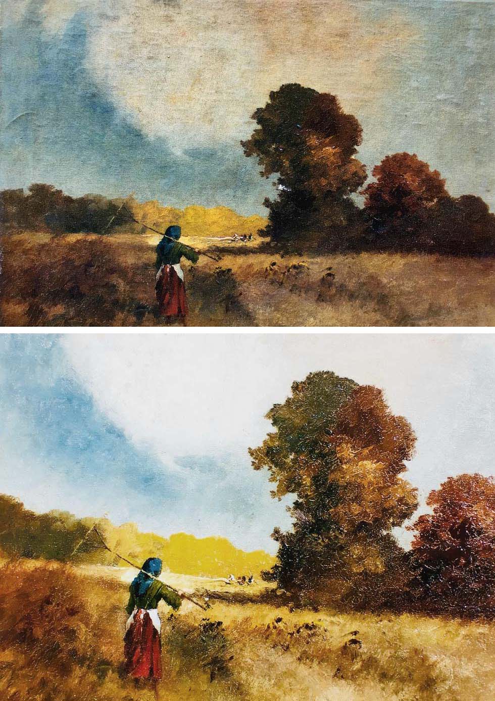 A painting of a woman fishing in the middle of a field.