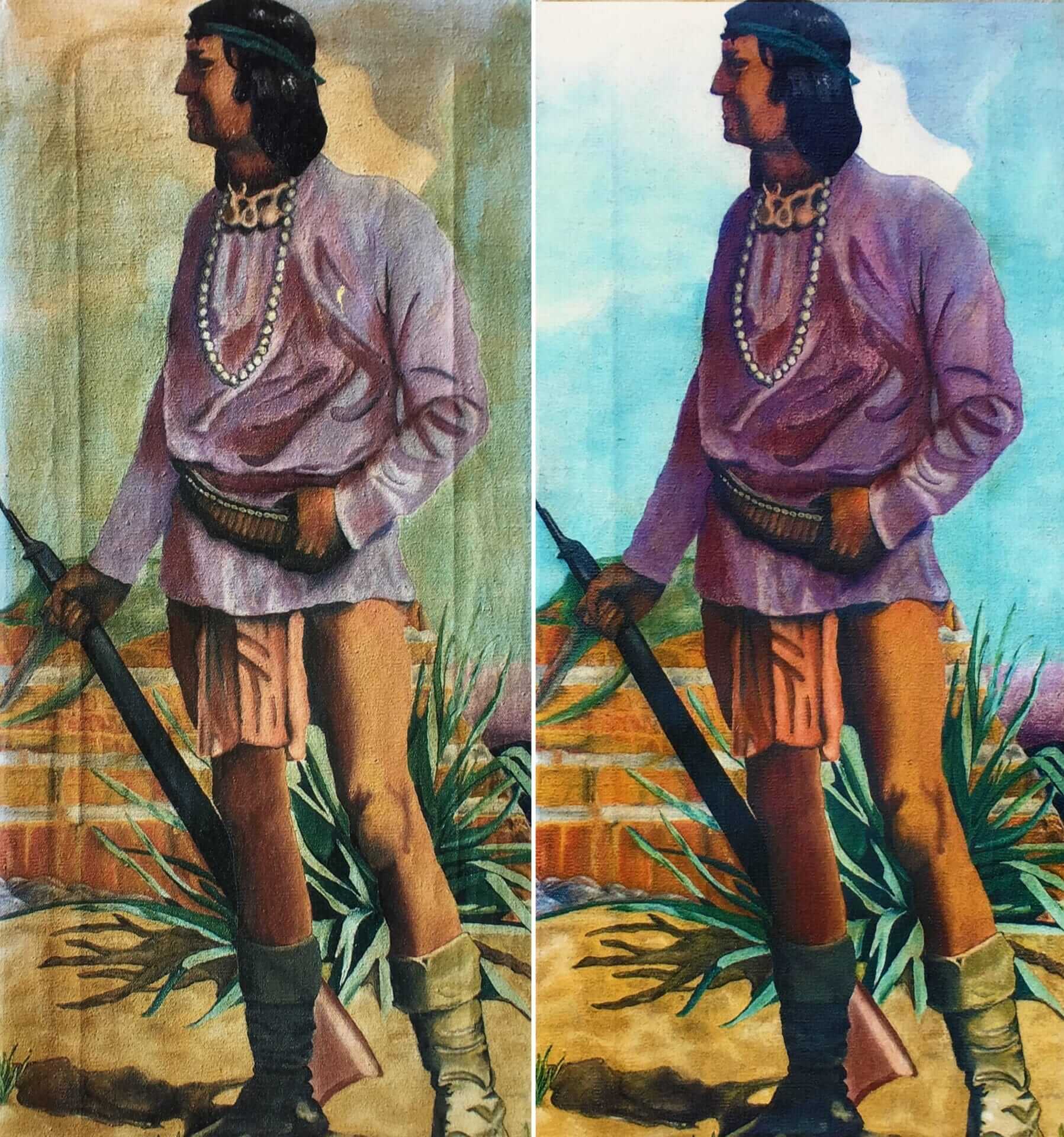 A painting of an indian man in purple shirt and brown pants.